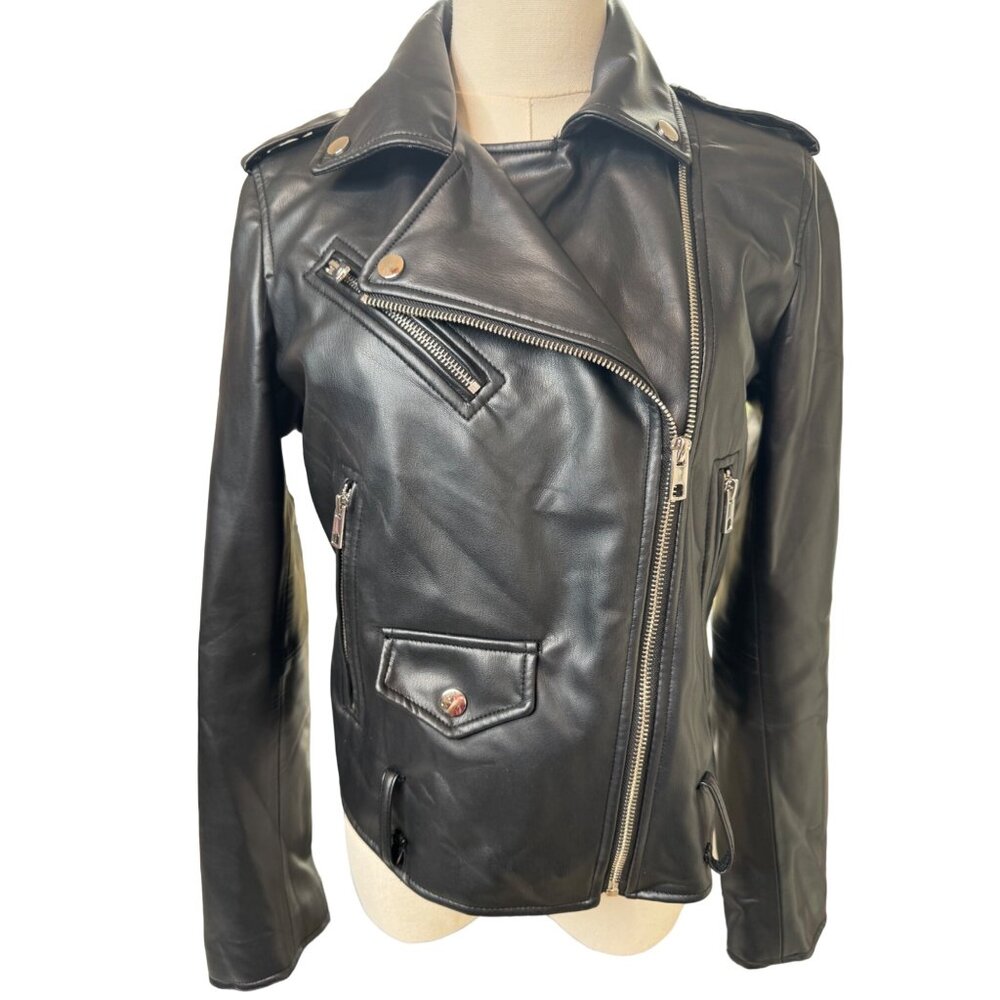 NWOT ZARA M Black Faux Leather Biker Jacket Zipper Details & Epaulettes - Picture 10 of 14